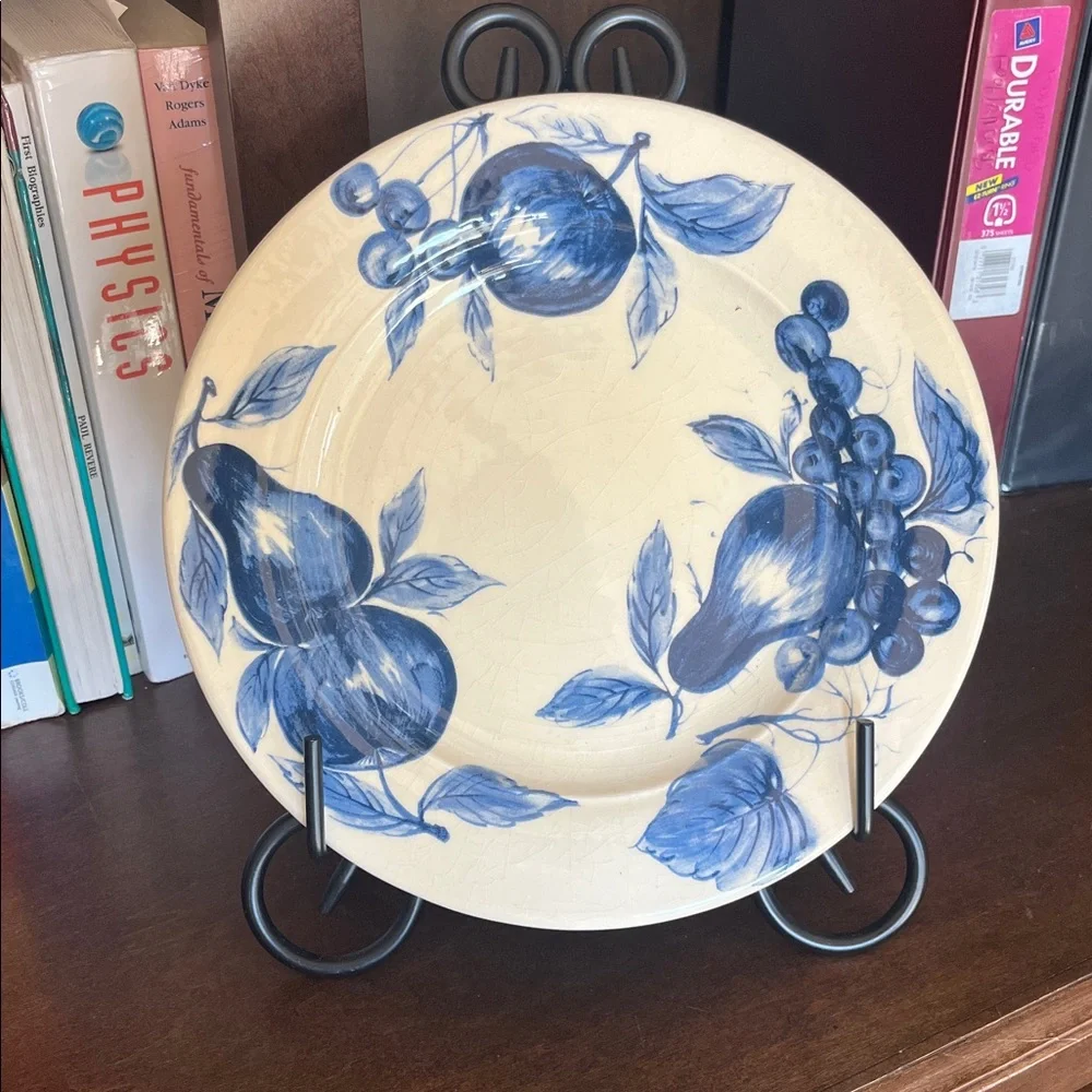 Pier 1 Earthenware Dinner Plate Blue Fruit White Background